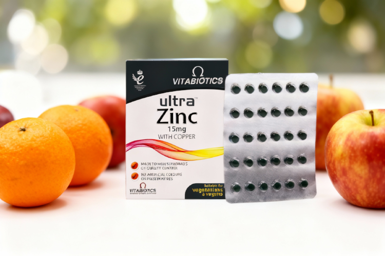 قرص اولترا زینک ویتابیوتیکس در کنار پرتقال و سیب